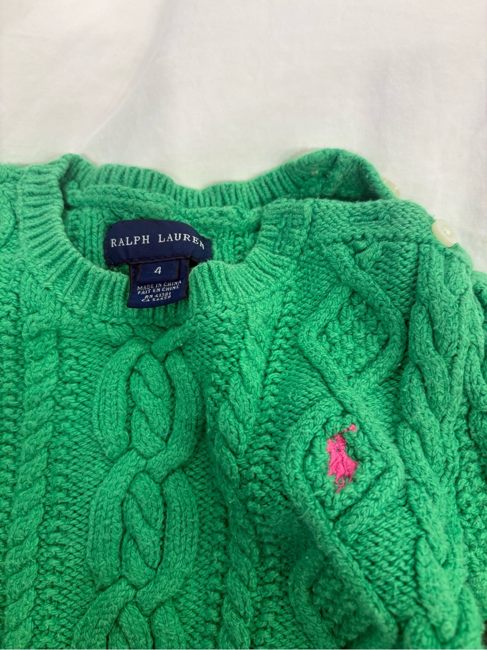 Ralph Lauren Bright Green Cable-Knit Crewneck Sweater with Pink Pony